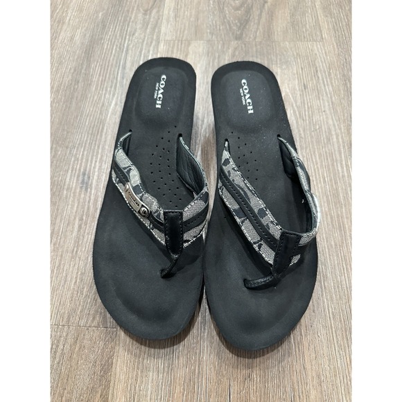 Coach Women's 10 B Sandals Judy Slip On Flip Flops Gray Black Logo Sandals - Picture 4 of 8